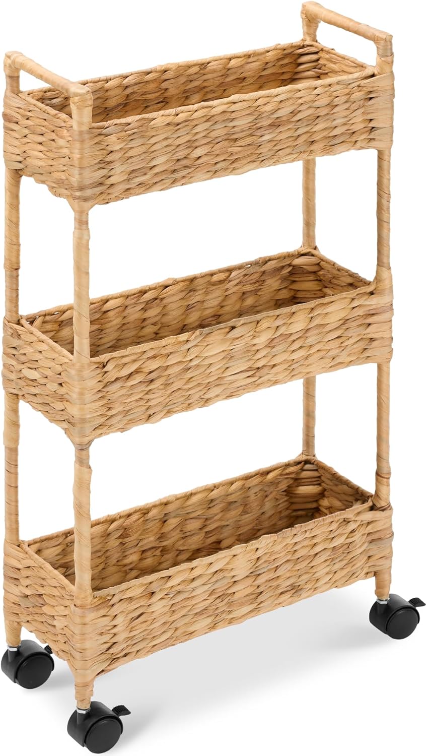 Best Choice Products 3-Tier Slim Water Hyacinth Rolling Nursery Caddy w/Wheels, Handwoven Utility Cart, Narrow Storage Organization for Bathroom, Craft Room, Laundry Room - Natural