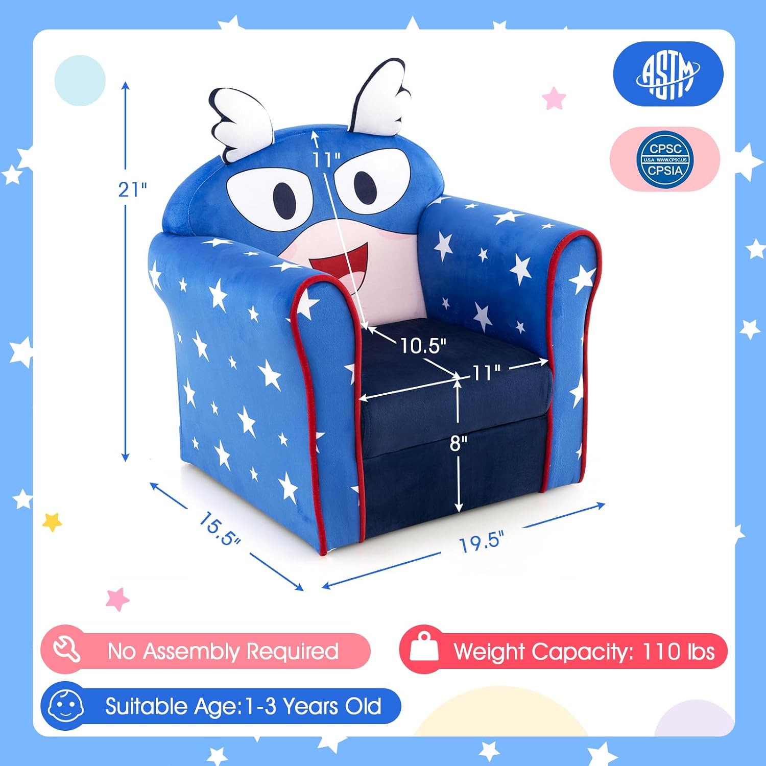 HONEY JOY Kids Couch, Toddler Sofa Armchair with Flyman Pattern, Children Mini Playroom Furniture, Sturdy Wooden Construction, Baby Small Armrest Chair, Lightweight Kids Sofa for Boys Girls (Blue)