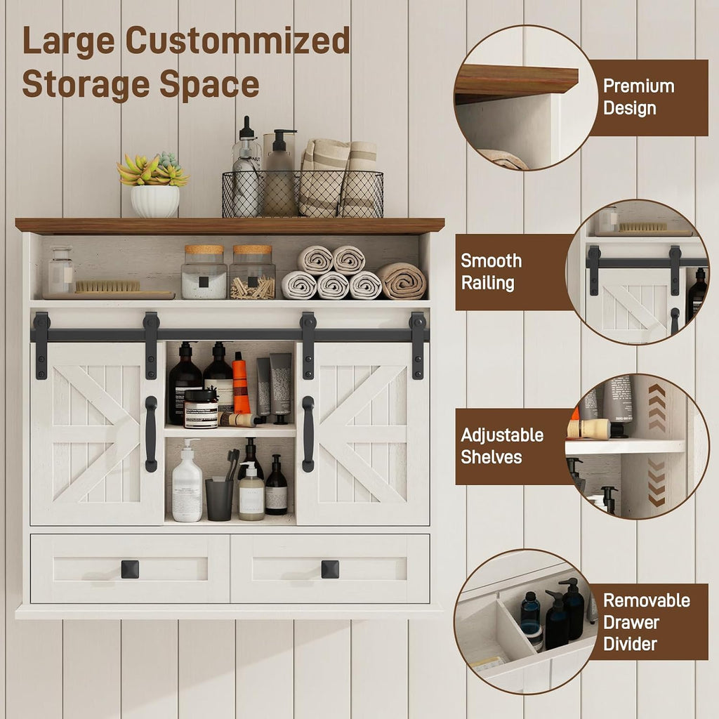 Vabches Bathroom Wall Cabinet, Farmhouse Medicine Cabinet with Sliding Door | Vintage Storage Cabinet Wall Mounted with Storage Drawer and Removable Divider for Bathroom, Kitchen, Rustic White and Brown