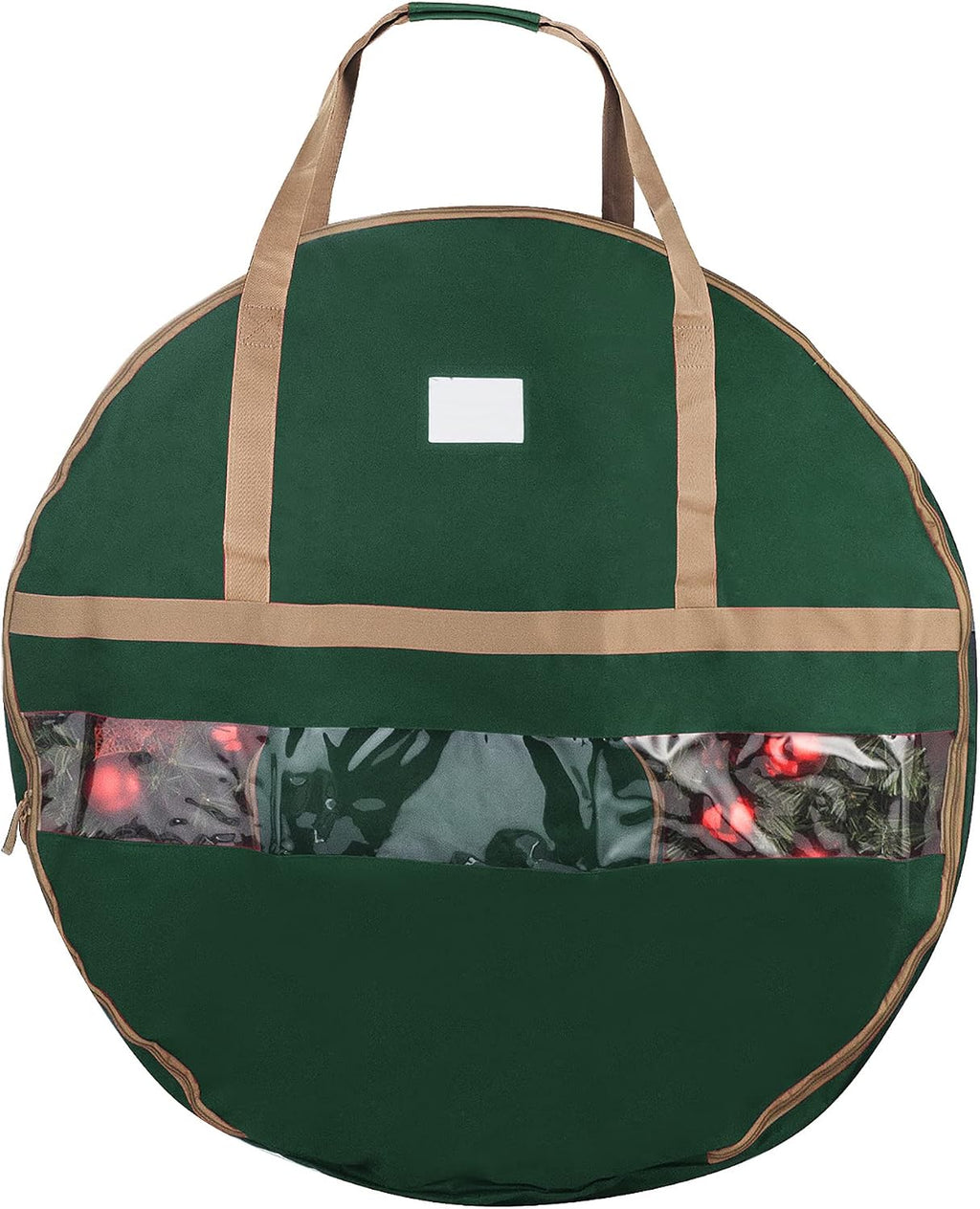 Wreath Storage Container - Canvas Bag with Clear Window and Handles Holds 48-Inch Artificial Wreath with Compartment for Ornaments by Elf Stor (Green)