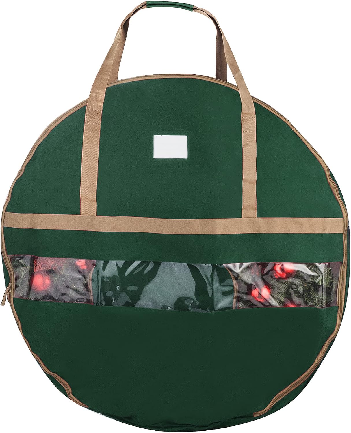 Wreath Storage Container - Canvas Bag with Clear Window and Handles Holds 48-Inch Artificial Wreath with Compartment for Ornaments by Elf Stor (Green)