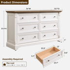 6 Drawers Dresser for Bedroom 54" Wide Wood Nursery Dressers w/Roman Column | Large Dressers & Chests of Drawers, Wooden Dresser TV Stand for Nursery Bedroom Living Room Hallway, Antique White