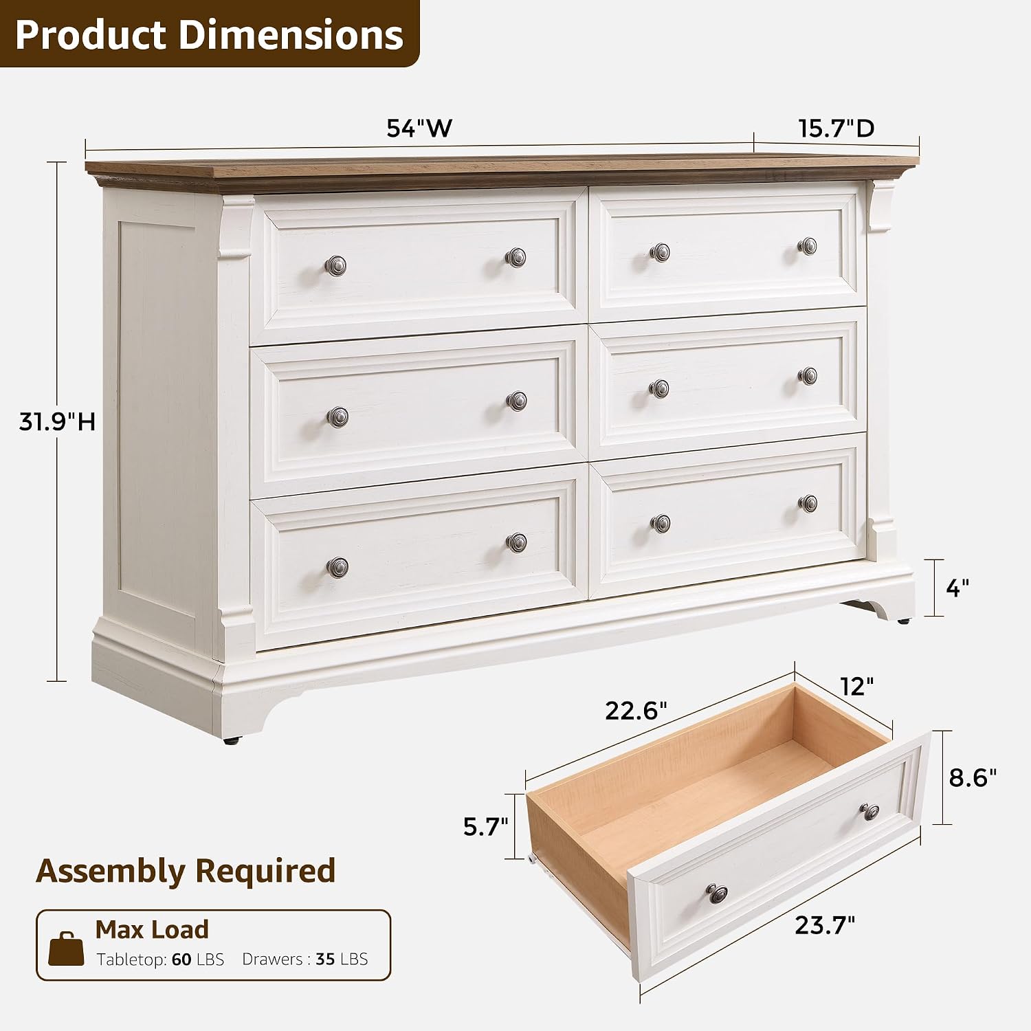 6 Drawers Dresser for Bedroom 54" Wide Wood Nursery Dressers w/Roman Column | Large Dressers & Chests of Drawers, Wooden Dresser TV Stand for Nursery Bedroom Living Room Hallway, Antique White