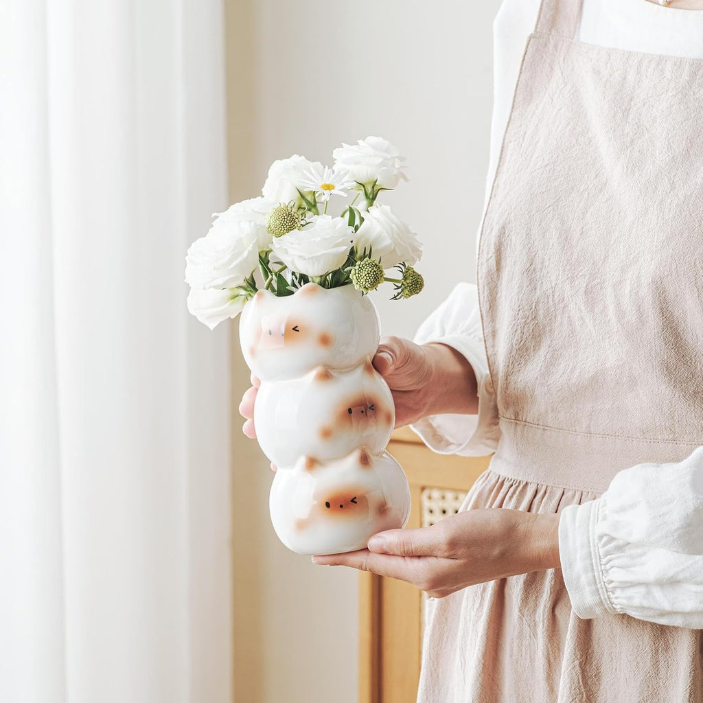Cute Cat Vase, 6.8 in Small White Ceramic Vase Modern Flower Vases for Cat Lovers, Unique Flower Vases for Home Farmhouse Bedroom Living Room Wedding Table Centerpieces Decor
