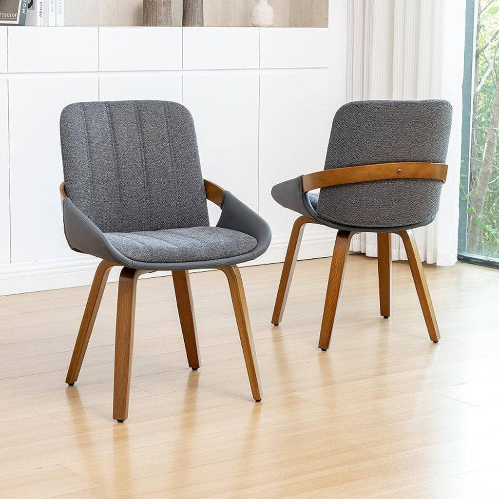 Dining Room Chairs Set of 4, Mid Century Modern Gray Fabric+Faux Leather Kitchen Chairs No Arms,Bamboo Legs Side Chairs No Wheels,Accent Chair for Dining Rooms