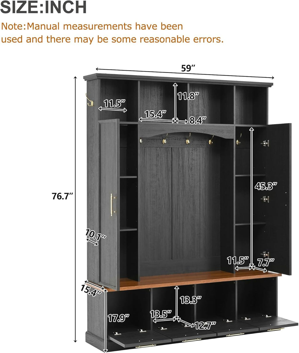 Merax 59" Farmhouse Hall Tree with Golden Hooks & Walnut Bench, Entryway Organizer with Adjustable Shelves, Shoe Storage, Anti-Tip for Mudroom, Living Room, Black