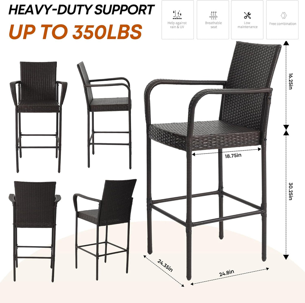 Outdoor Bar Stools Set of 2, Patio Bar Stools with Armrests, All Weather Wicker Rattan Bar Chairs with Backrest for Backyard, Garden, Pool, Balcony and Deck (Brown)