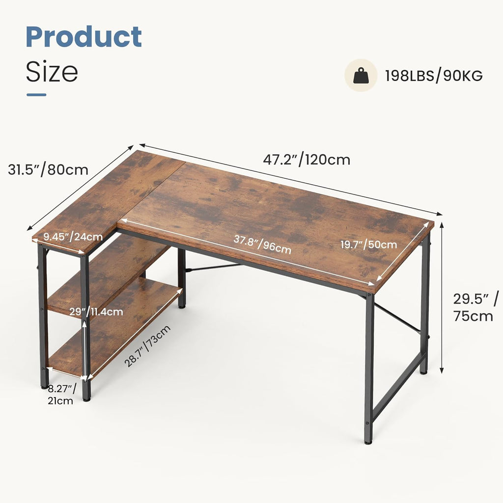 DUMOS L Shaped Desk 55 Inch Computer Desk Gaming Furniture Corner Desks Home Office PC Table with Reversible Storage Shelves for Writing Working Study Bedroom Dorm, Rustic Brown