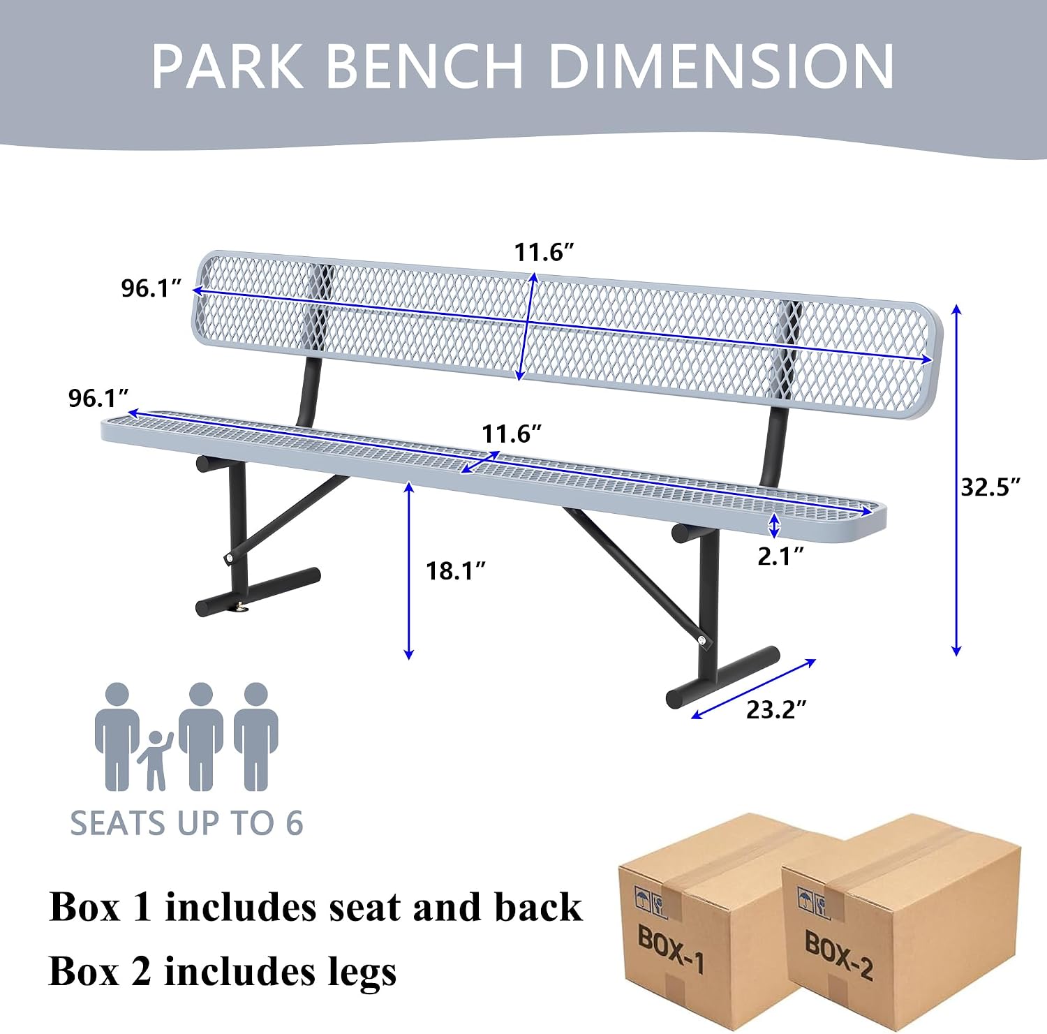 4/6/8 Feet Park Bench for Outside Heavy Duty Metal, Garden Benches Outdoor Bench with Backrest & Portable Frame, for Shopping Malls Stores Parks Patios Decks, Grey