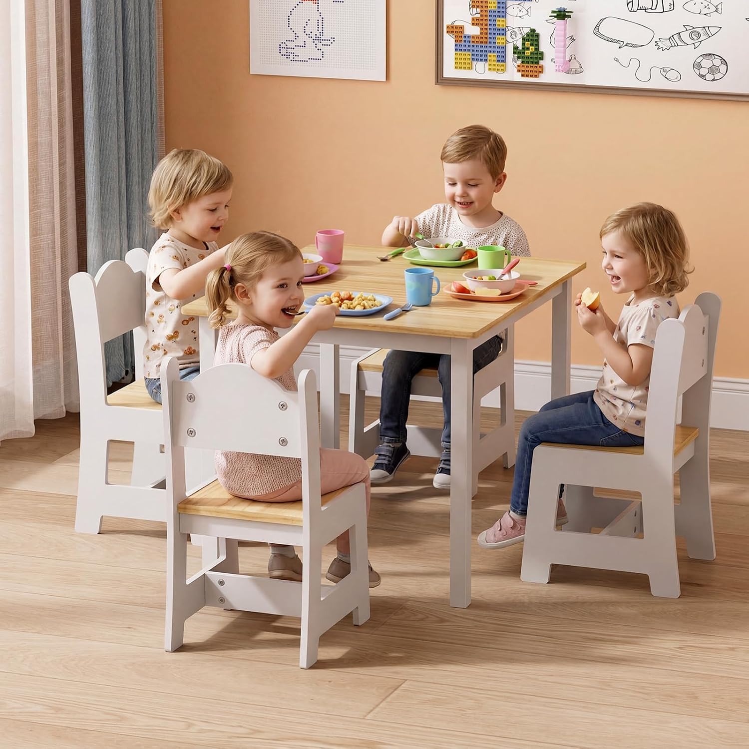 JOYMOR Kids Table and 4 Chairs, Toddler Table and Chair Set, Wooden Activity Table for Children with Chairs, Perfect for Arts, Crafts and Nursery Use, Natural & White