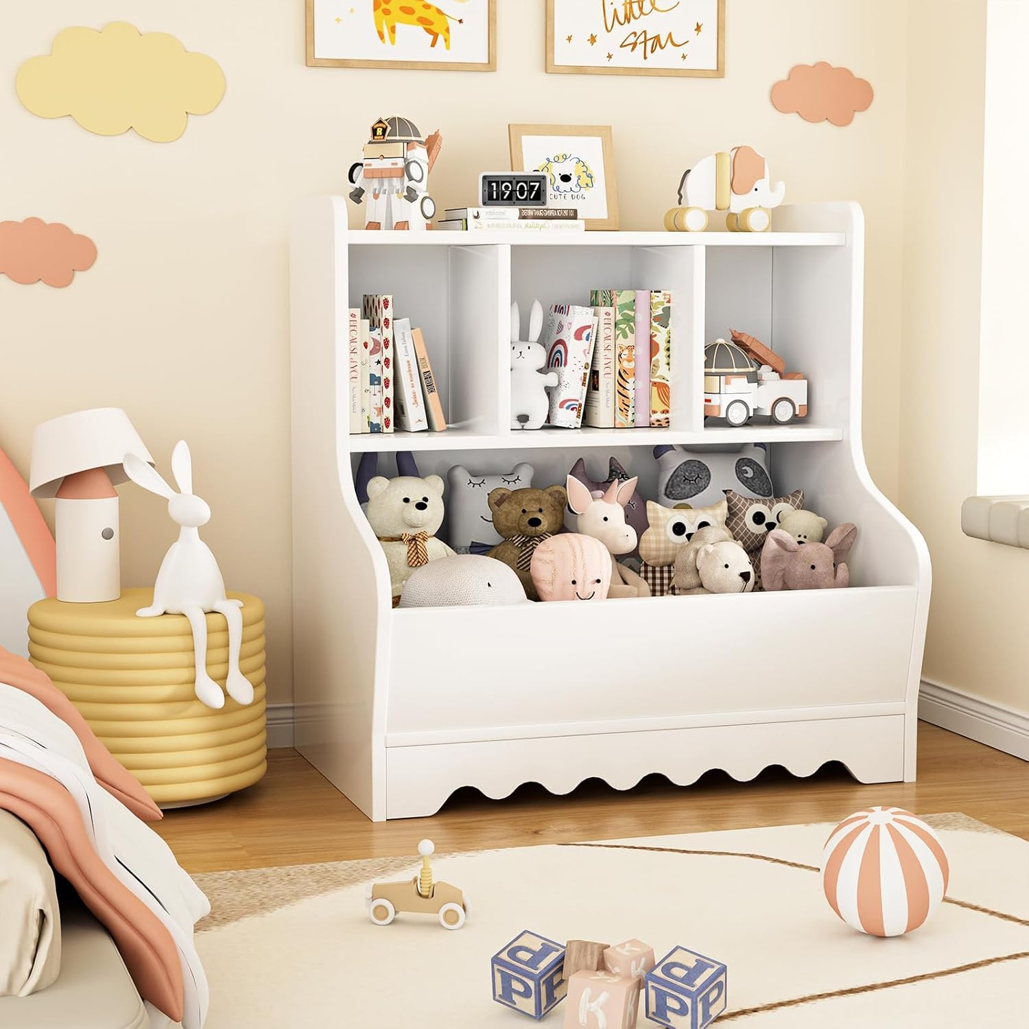 Marcytop Kids Toy Storage Organizer, Wooden 4 Cubby Children Book Toy Shelf, Toddler Baby Bookshelf with Storage, Montessori Kids Bookshelf and Toy Storage for Kids Rooms Playroom Organization
