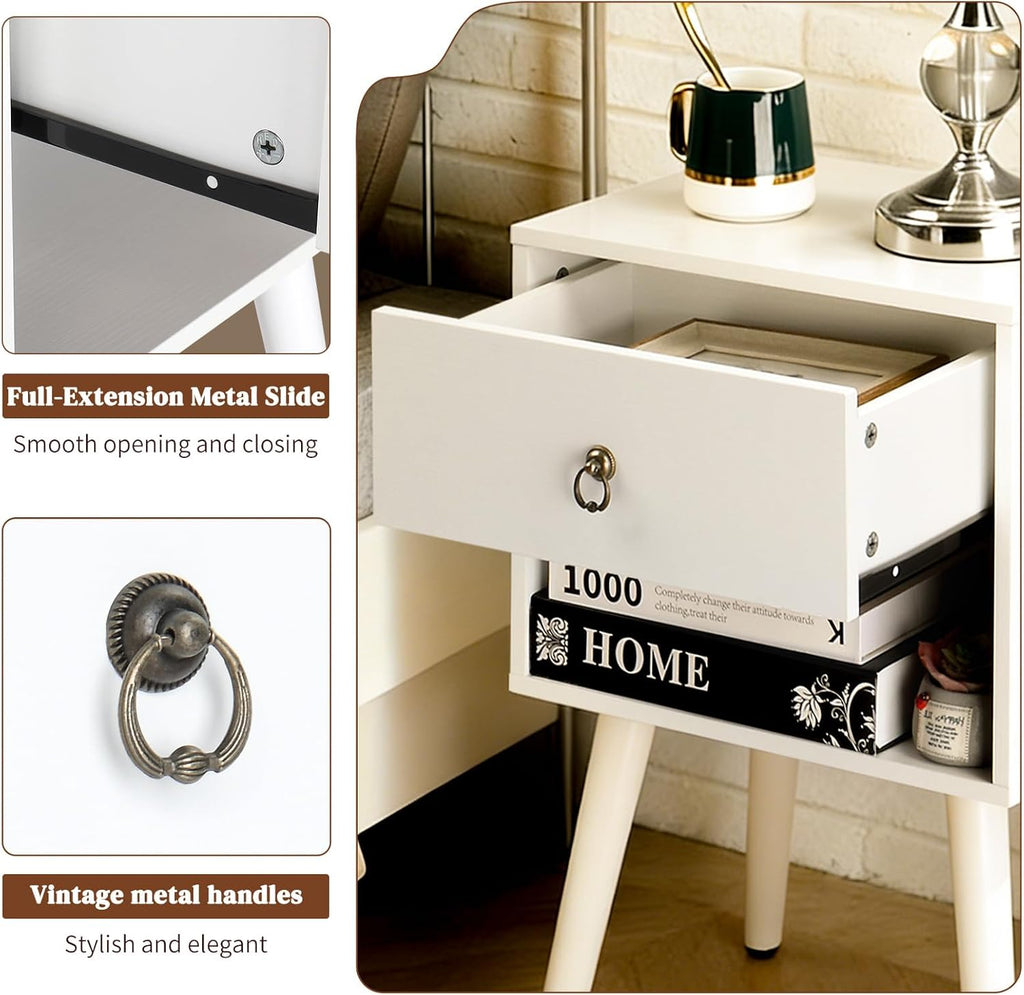 Bonnlo White Nightstand Set of 2, Modern Bedside Table with Drawer Open Shelf, End Table with Solid Wood Legs for Bedroom,