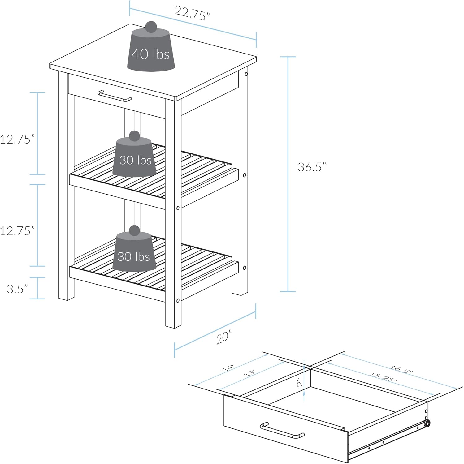 Casual Home Sunrise (Small) with Solid Harvest Hardwood Top Kitchen Island, 22.75"W, Natural&White