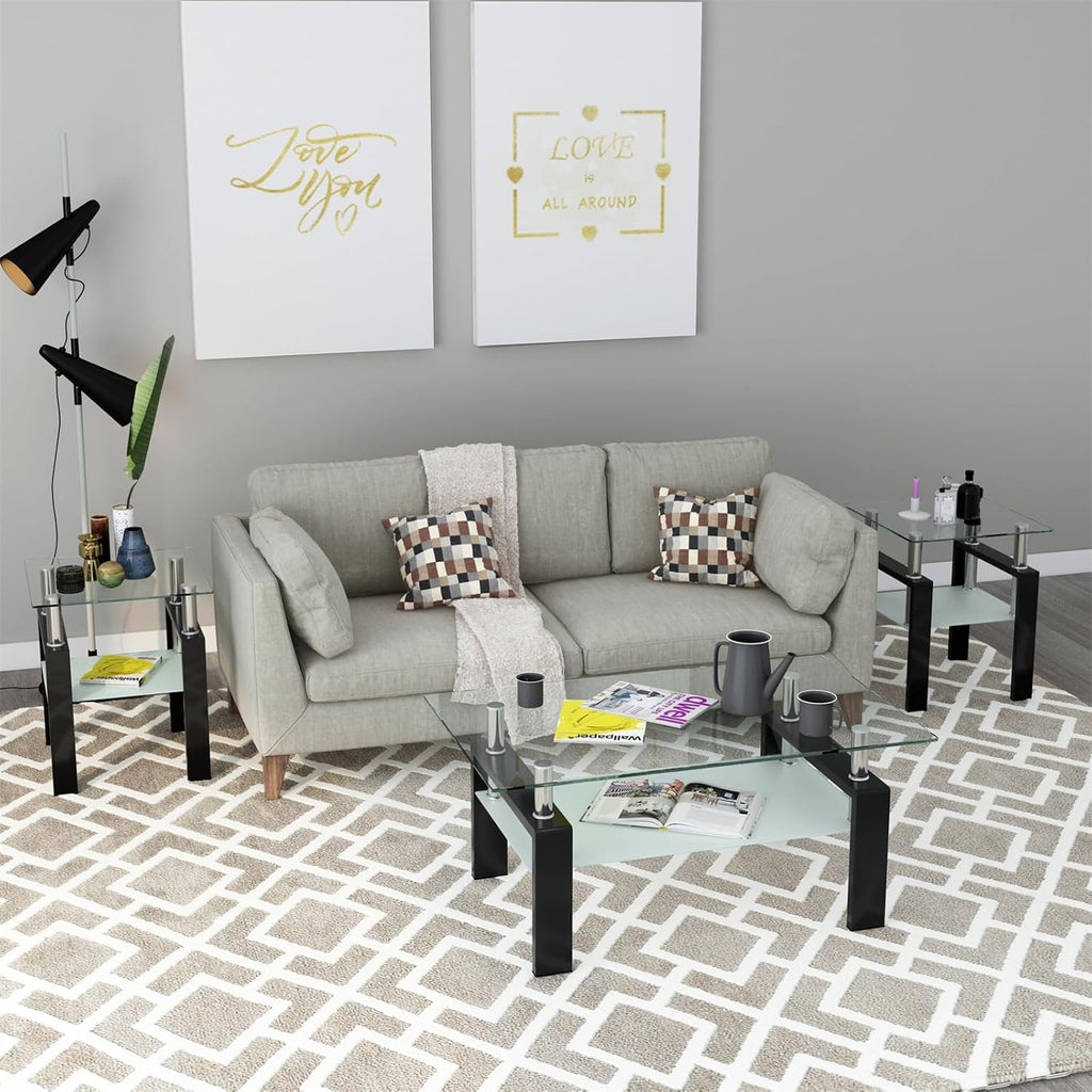 Square Glass End Table Set of 2, Clear Tempered Glass Top with Frosted Lower Shelf, Black Metal Legs, Square Sofa Side Table for Living Room Bedroom, 17.72x17.72x20.5 Inch, 150 lbs Capacit