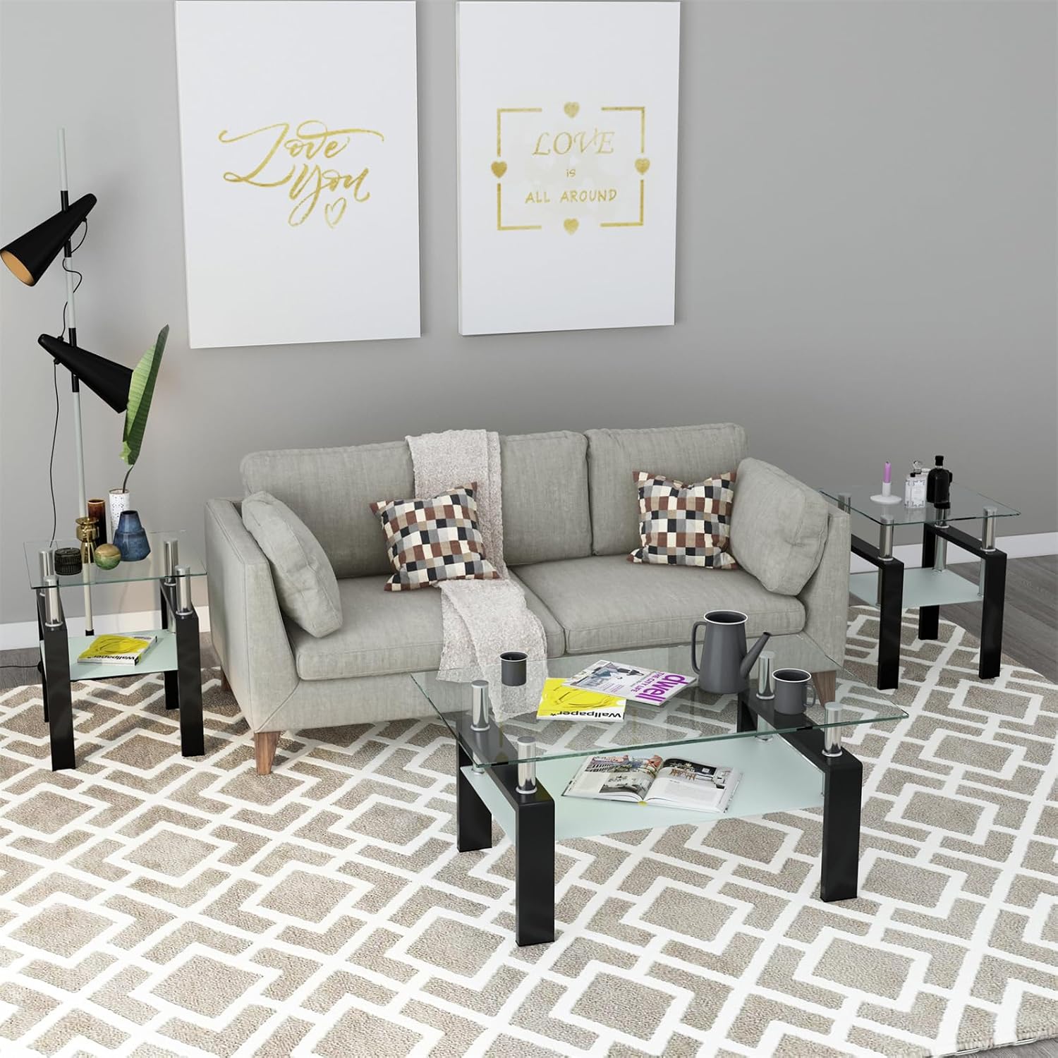 Square Glass End Table Set of 2, Clear Tempered Glass Top with Frosted Lower Shelf, Black Metal Legs, Square Sofa Side Table for Living Room Bedroom, 17.72x17.72x20.5 Inch, 150 lbs Capacit