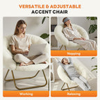DUMOS Saucer Chair, Cozy Faux Fur Folding Chair with Sturdy Metal Frame, Oversized Soft Plush Round Lounge for Bedroom Living Room Dorm, Anti-Slip Portable Moon Seat, White