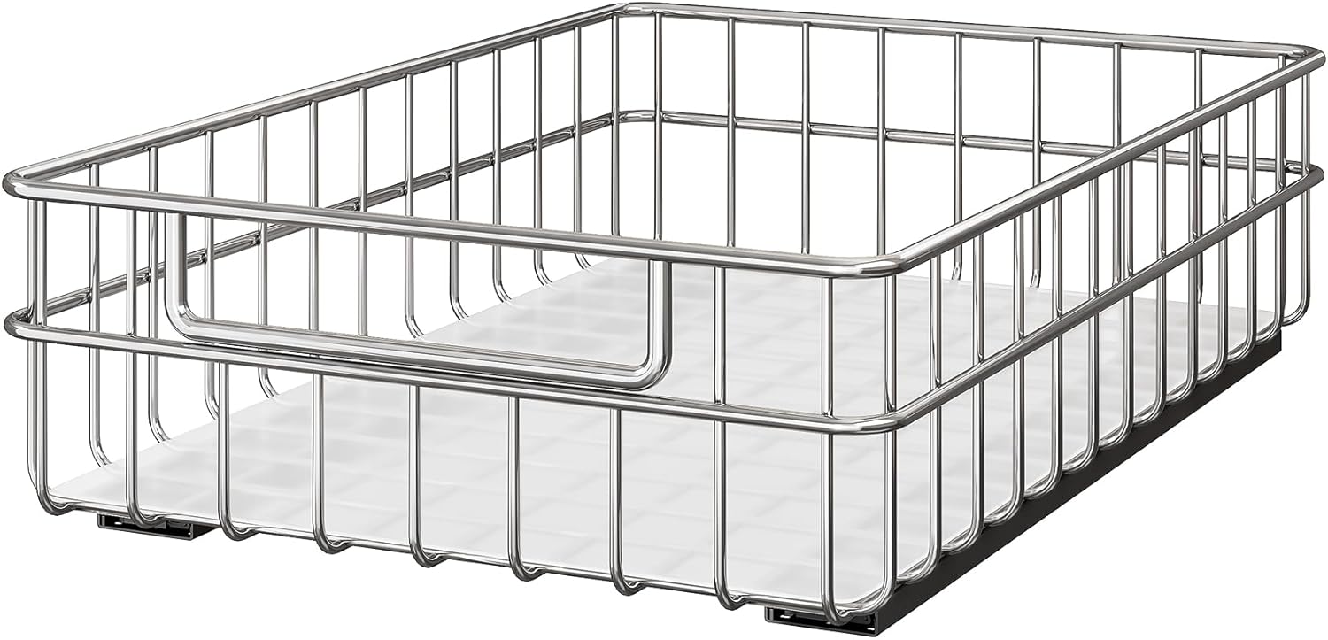 Stainless Steel Pull Out Cabinet Organizer(11.8"W x 16.5"D x 4.7"H)-1 Pack, Minimalist Design Frame, Full-Extension Slide Rails, Easy Installation for Pantry Organizers or Kitchen Cabinet Organizer