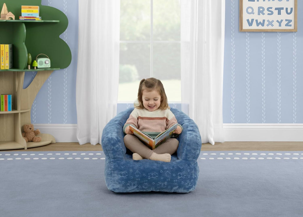 Delta Children - Serta Kids Plush Barrel Toddler Chair, Soft Foam Chair Bean Bag Chair Alternative for Boys and Girls, Cozy Seat for Reading, Watching Cartoons, Playroom Nursery Bedroom, Denim Blue