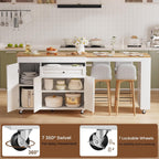 Expandable Kitchen Island with Storage Drawer and Wheels, White | Rubberwood top expands 48.4"-82.6". Spacious drawer, 2 cabinets, 2 shelves, spice rack & towel bar. Lockable casters.