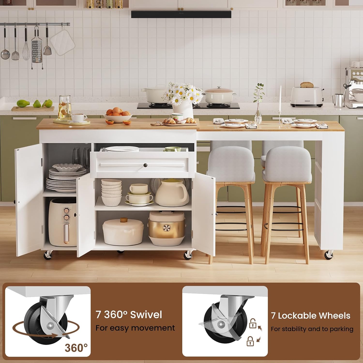 Expandable Kitchen Island with Storage Drawer and Wheels, White | Rubberwood top expands 48.4"-82.6". Spacious drawer, 2 cabinets, 2 shelves, spice rack & towel bar. Lockable casters.