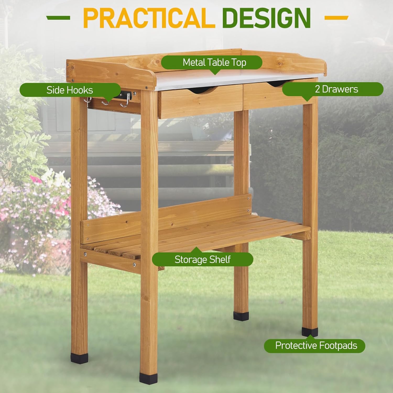 Outvita Outdoor Garden Potting Bench Table Work Bench with 2 Drawer, Storage Shelf, Metal Tabletop, 3 Hooks for Horticulture, Natural Wood