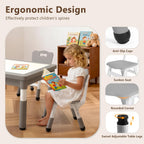 Kinder King Kids Table & 2 Chairs Set, Height Adjustable Children Activity Table w/Storage, Graffiti & Building Blocks Tabletop, Toddler Furniture Set for Classroom, Daycare, Home, Age 3+, Grey