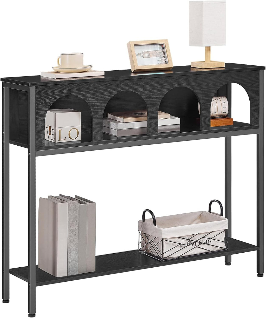 HOOBRO Narrow Console Table, Entryway Table with 3-Tier Storage, Sofa Table, Behind Couch Table with Arched Design for Living Room, Entrance, Hallway, Black BB106XG01