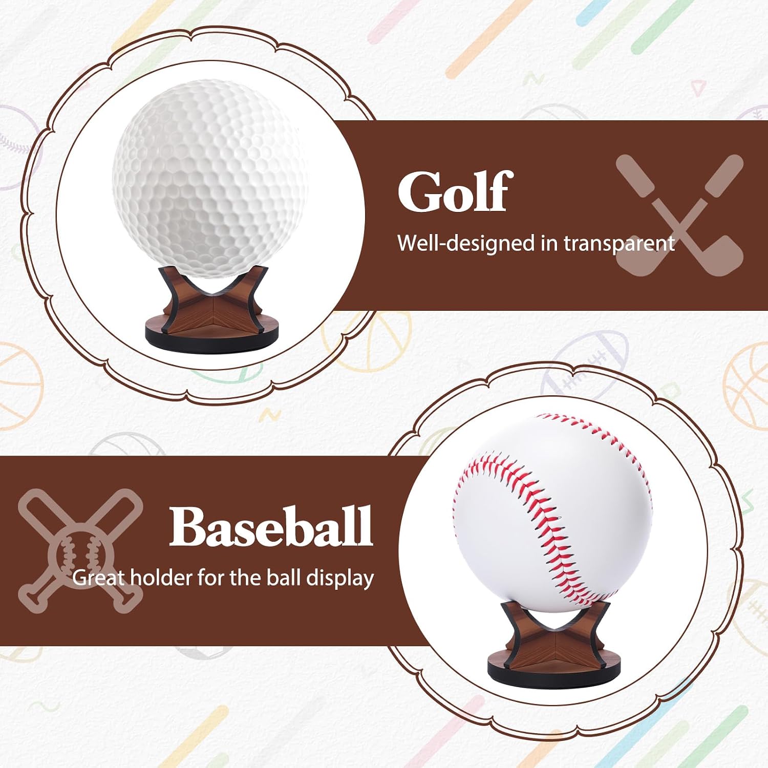 Sumind 3 Pcs Walnut Small Ball Stand Holder Sport Ball Display Rack Baseball Display Stand with 3 Pieces Non-slip Rubber Pads for Baseball Golf Softball Tennis Spheres, Wood