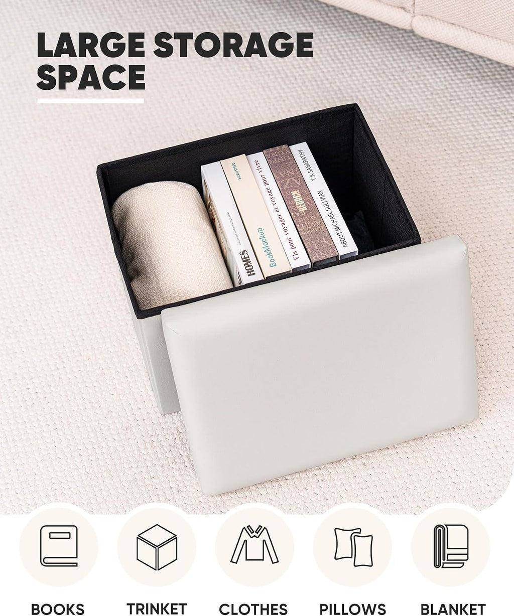 B FSOBEIIALEO Folding Storage Ottoman Cube Faux Leather Ottomans for Living Room, Bedroom, Home Office, Dorm Storage Footrest White 16.5"x12.6"x12.6"