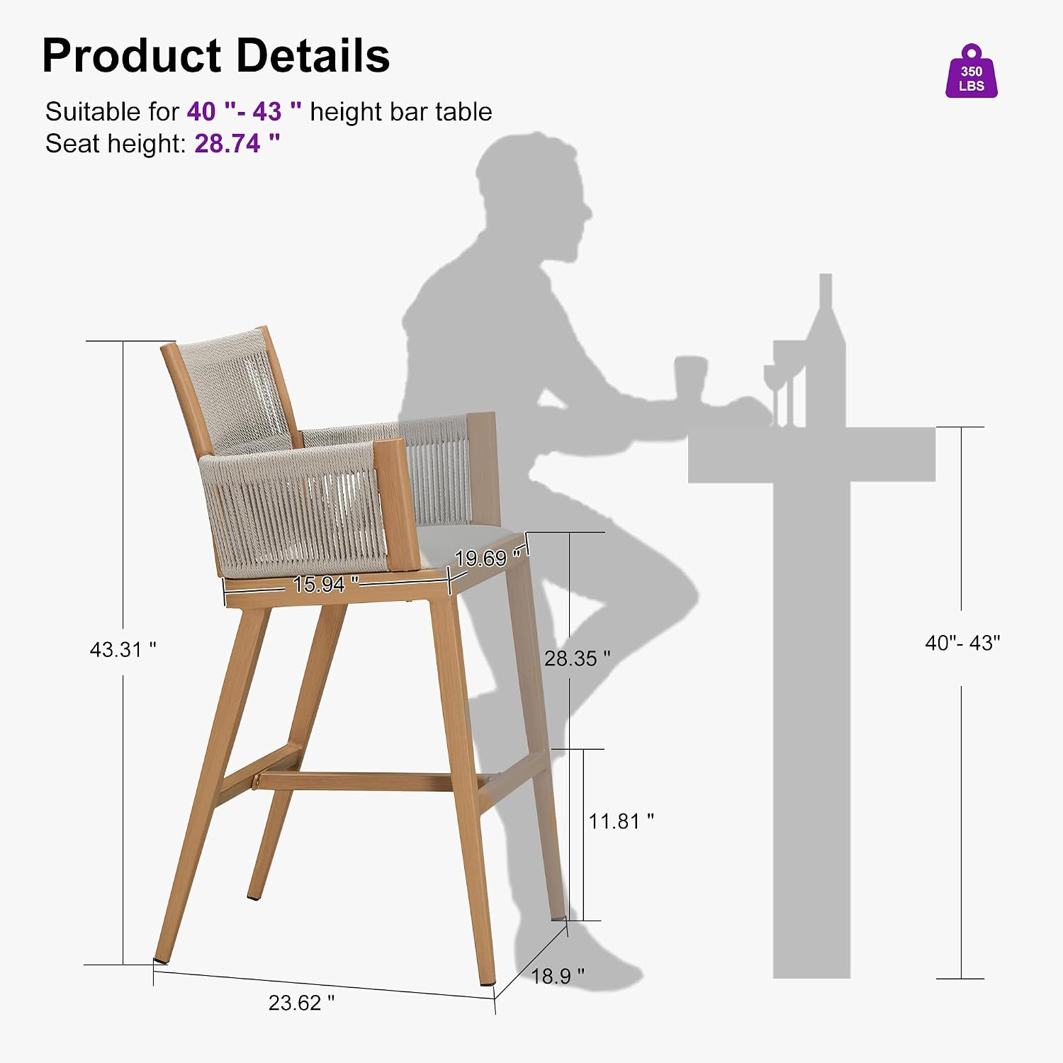 PURPLE LEAF Outdoor Bar Height Stools Set of 2 Modern Bar Chairs with High Back and High Armrests Outdoor Aluminum Woven Rattan Barstools for Kitchcen Island Garden Indoor Teak