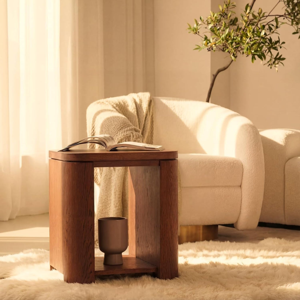 Ovelo End Table Solid Wood Oak Side Table with Storage Shelf, Modern Small Accent Table, White Oak Finish Brown 2 Tier Nightstand for Living Room, Bedroom, Sofa Side Table