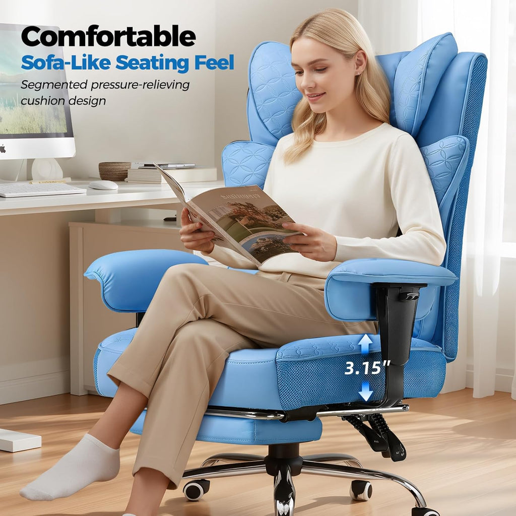 GTPLAYER Big and Tall Office Chair, Wide Ergonomic Gaming Chair with Deluxe Embossing Designed Leather with Foot Rest,150°Reclining Adjustable Soft Armrests Pocket Spring Back Support and Pillow