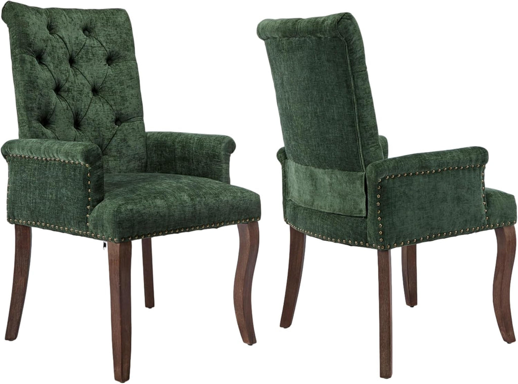 Upholstered Tufted Chenille Dining Chairs with Arms & Nailhead Trim – Solid Wood Frame & Legs, Modern Farmhouse for Dining, Kitchen & Living Room (Set of 2, Olive Green)