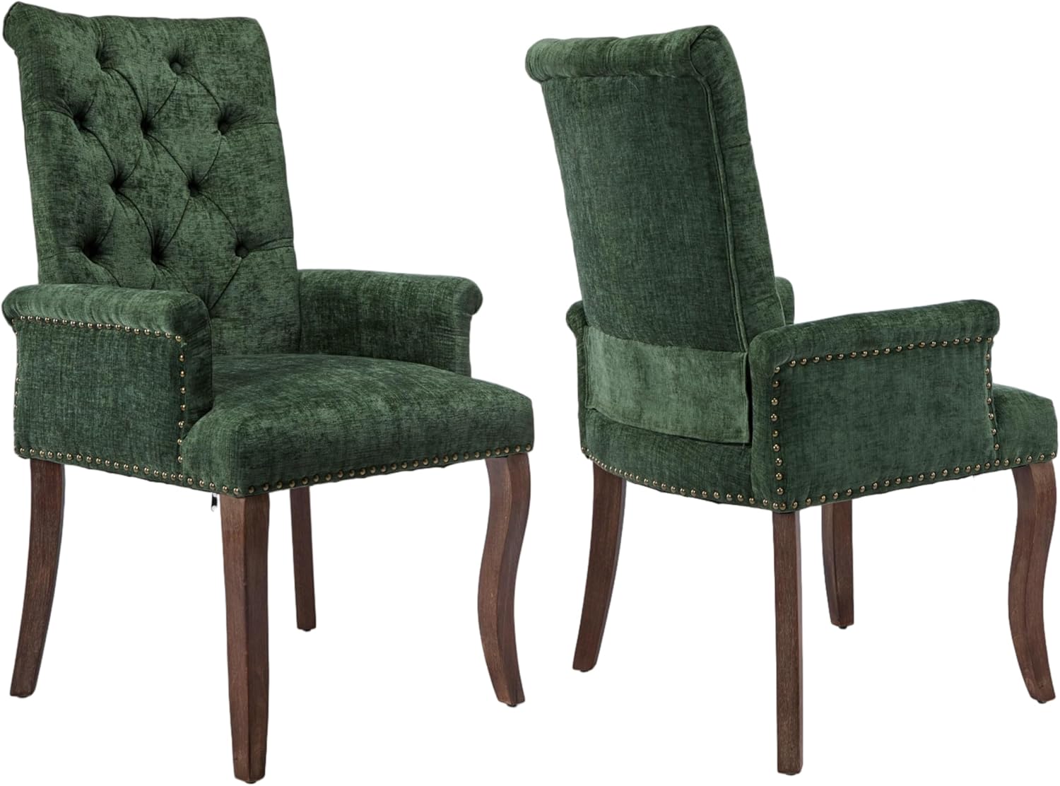 Upholstered Tufted Chenille Dining Chairs with Arms & Nailhead Trim – Solid Wood Frame & Legs, Modern Farmhouse for Dining, Kitchen & Living Room (Set of 2, Olive Green)