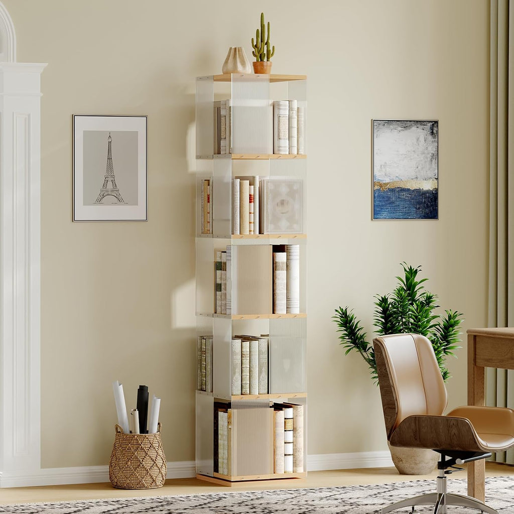 YATINEY 5-Tier Rotating Bookshelf, 360 Spinning Bookcase Tower, Corner Bookshelf with Clear Acrylic Sides, Tall Narrow Space-Saving Bookcase for Bedroom, Living Room, Office, Square, Natural SJ13WN