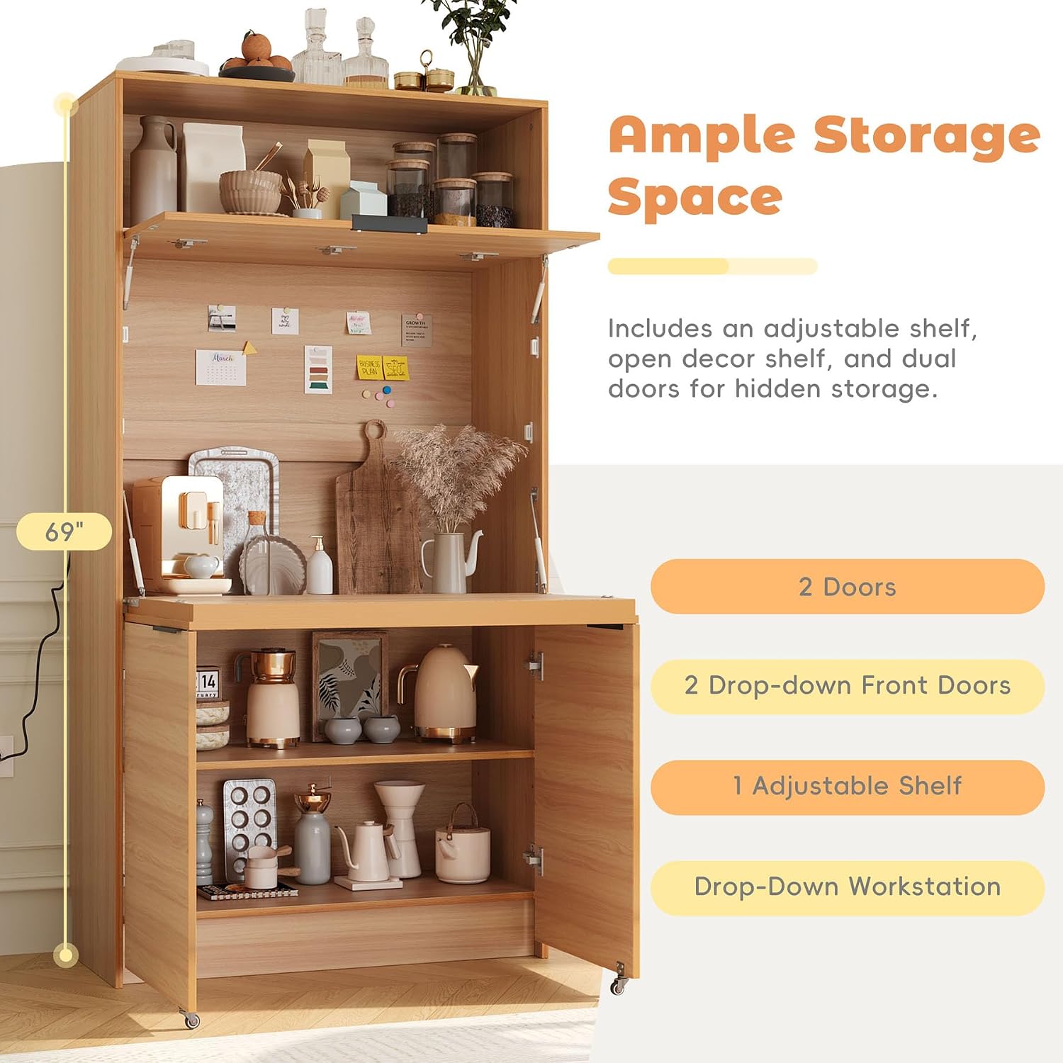 Farmhouse Pantry Cabinet with Foldable Workstation, 69" Tall Buffet with Hutch and Storage, Multifunctional Kitchen Cabinet with Adjustable Shelf and Power Outlet for Dining Room (Natural)