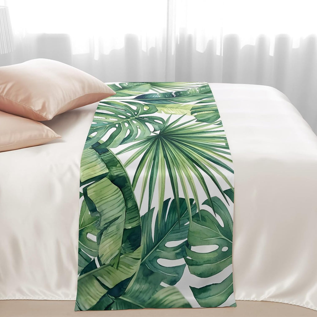 Tropical Monstera Leaves Bed Runners Country Botanical Palm Leaf Green Bed Throws for Foot of Beds, Decorative Bedrunners & Scarves Luxury Bedding End Blanket Protector Slipcover Home, 71"x20"