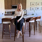 Counter Stools Set of 2, 25 inch Mid Century CounterStools with Walnut Crafts, Bentwood Curved Back, Upholstered Tech Fabric, Kitchen Island Stools for Cafe/Pub/Island (Gray, 25" Seat Height)