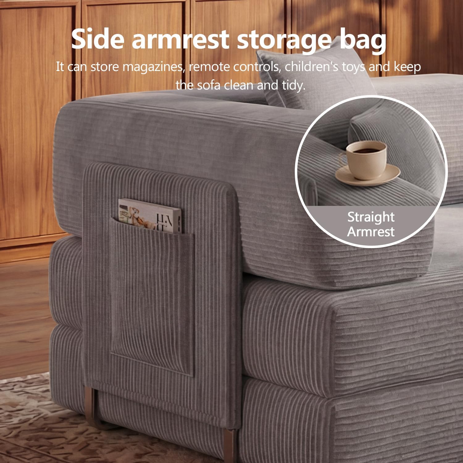 79" Convertible Sofa Bed, Corduroy Pull Out Couch with Storage Pocket, Folding Futon Sofa Bed, No Assembly Boneless Couch Bed Sleeper Sofa for Living Room Bedroom, Grey