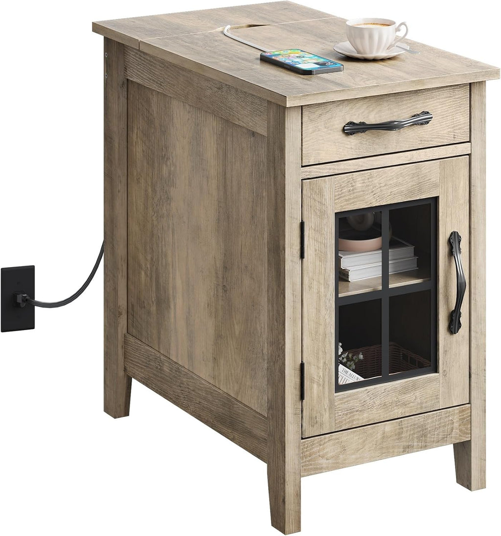 WLIVE End Table with Charging Station, Narrow Side Table for Living Room, Farmhouse Night Stand with Storage, Small Wooden Cabinet Nightstand with USB Ports and Outlets, 23.62" D x 13.78" W x 23.62" H
