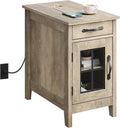 WLIVE End Table with Charging Station, Narrow Side Table for Living Room, Farmhouse Night Stand with Storage, Small Wooden Cabinet Nightstand with USB Ports and Outlets, 23.62" D x 13.78" W x 23.62" H