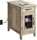 WLIVE End Table with Charging Station, Narrow Side Table for Living Room, Farmhouse Night Stand with Storage, Small Wooden Cabinet Nightstand with USB Ports and Outlets, 23.62" D x 13.78" W x 23.62" H