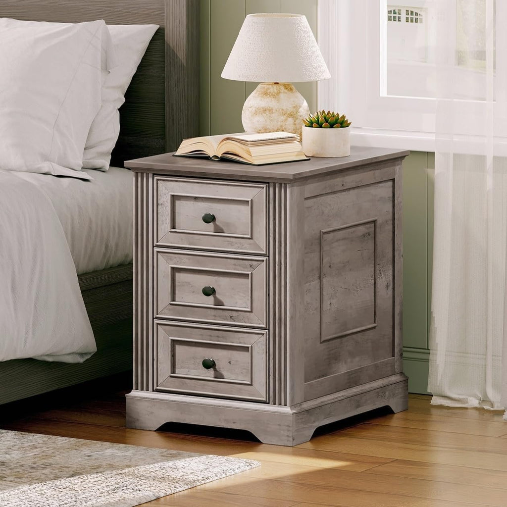 RALGEND Farmhouse End Table with 3 Drawers, Wooden Slim Nightstand, Narrow Sofa Side Table with Storage for Living Room, Bedroom, Study, Greige