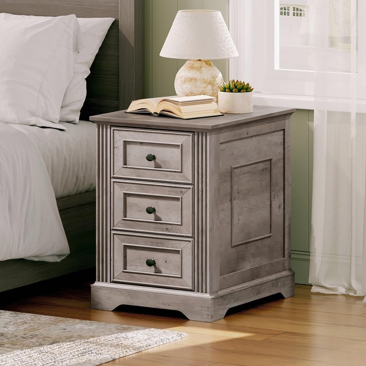 RALGEND Farmhouse End Table with 3 Drawers, Wooden Slim Nightstand, Narrow Sofa Side Table with Storage for Living Room, Bedroom, Study, Greige