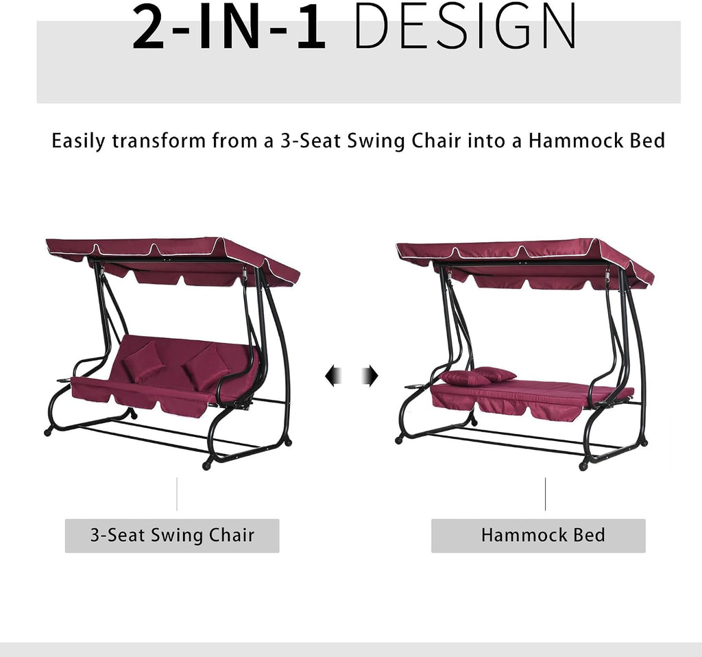 3-Person Outdoor Porch Swing Bed with Canopy and Cup Holders