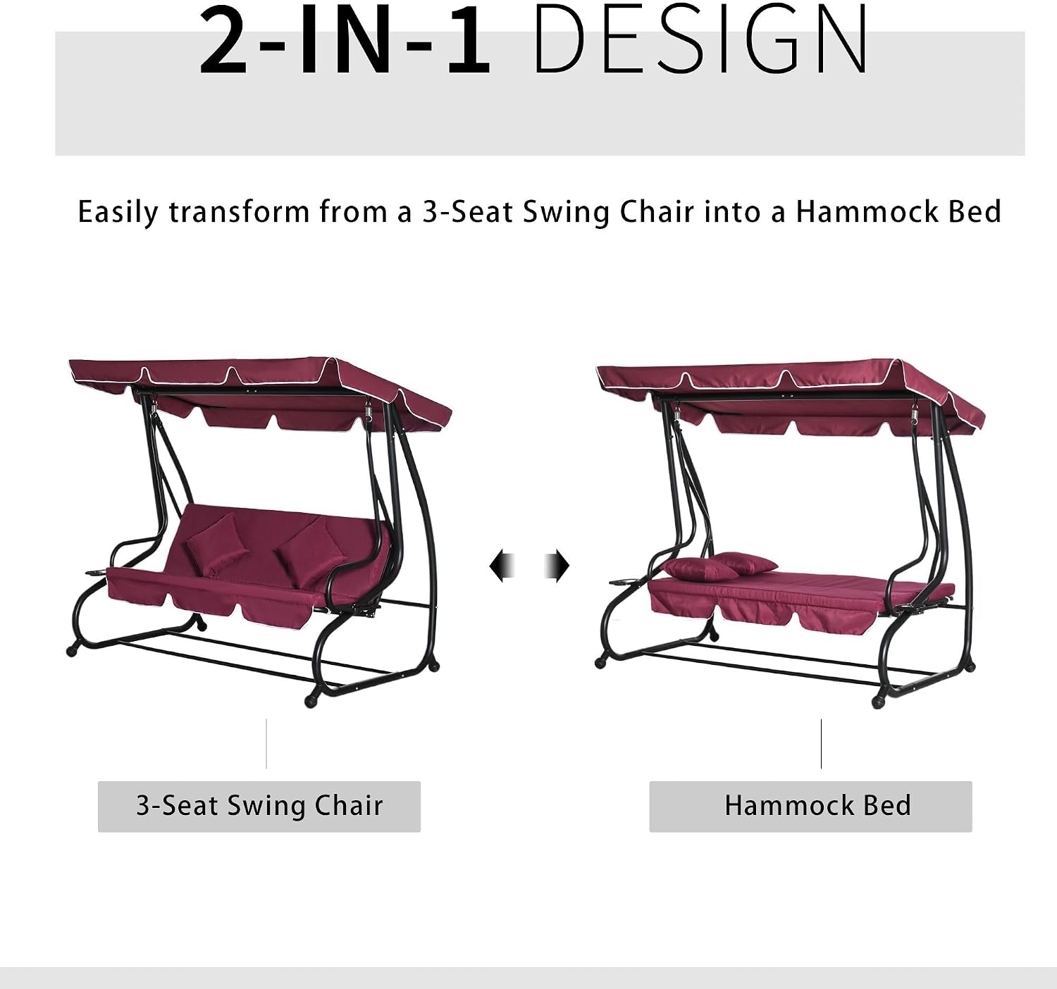 3-Person Outdoor Porch Swing Bed with Canopy and Cup Holders