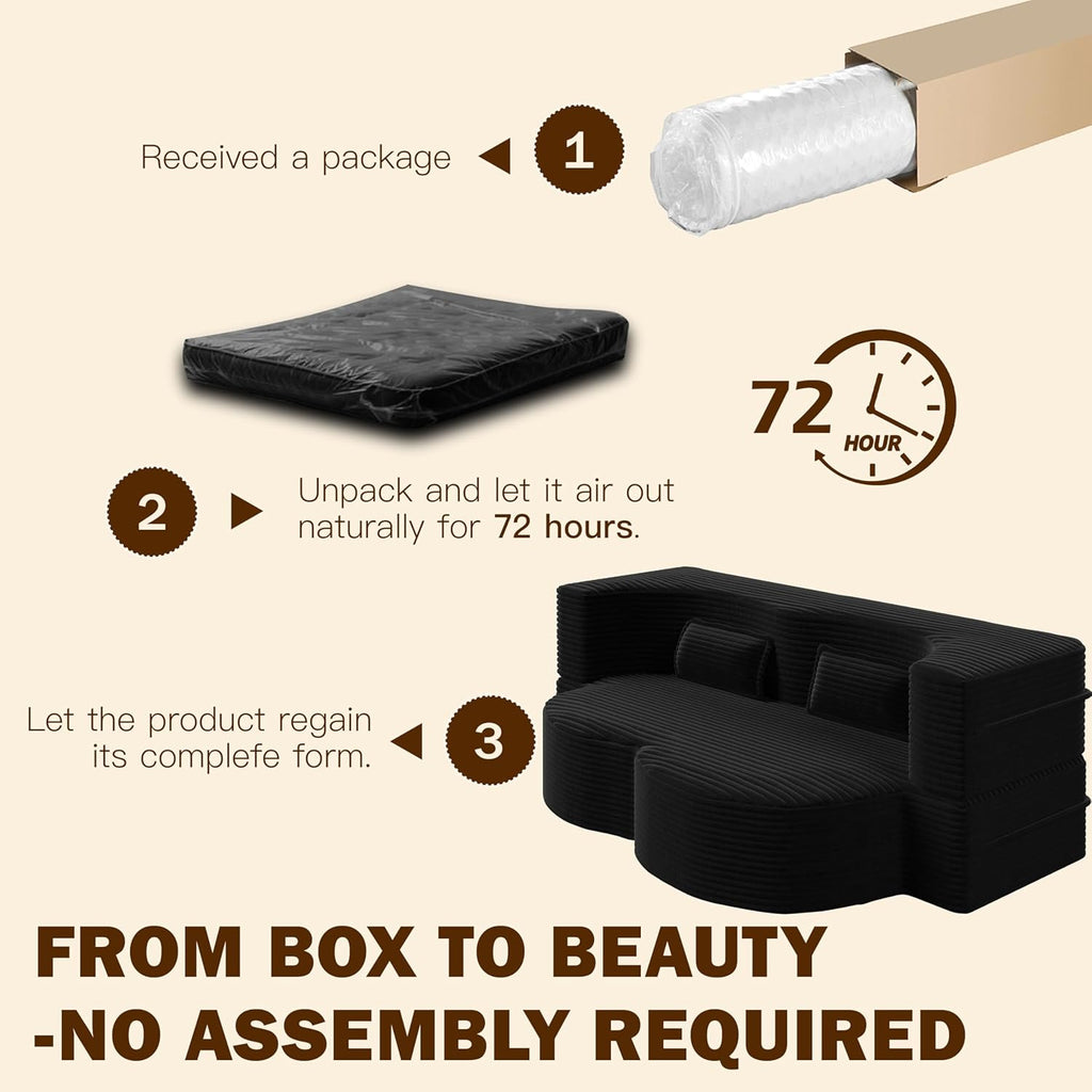 78" Full Size Convertible Futon Sofa Bed, Corduroy Folding Sleeper Sofa Bed with 2 Pillow, Foam Mattress Boneless Couch Bed, No Assembly Loveseat Couches for Living Room Apartment, Space‑Saving, Black