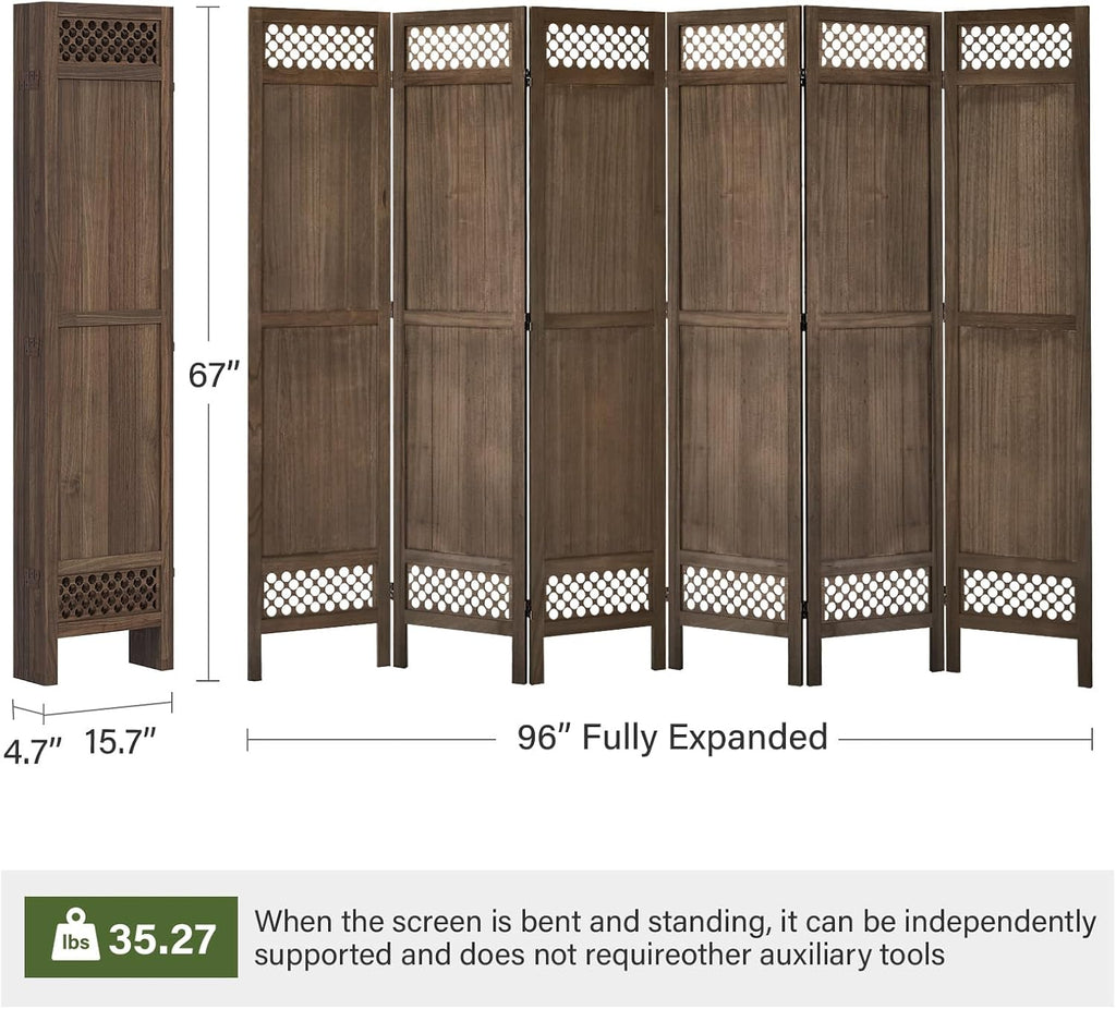 Privacy Screen Room Divider Panel - 67 Inch Tall Natural Wood Folding Partition Room Dividers, No-Assembly Required, Enhance Privacy and Aesthetic Appeal, Ideal for Home or Office Brown 6 Panel