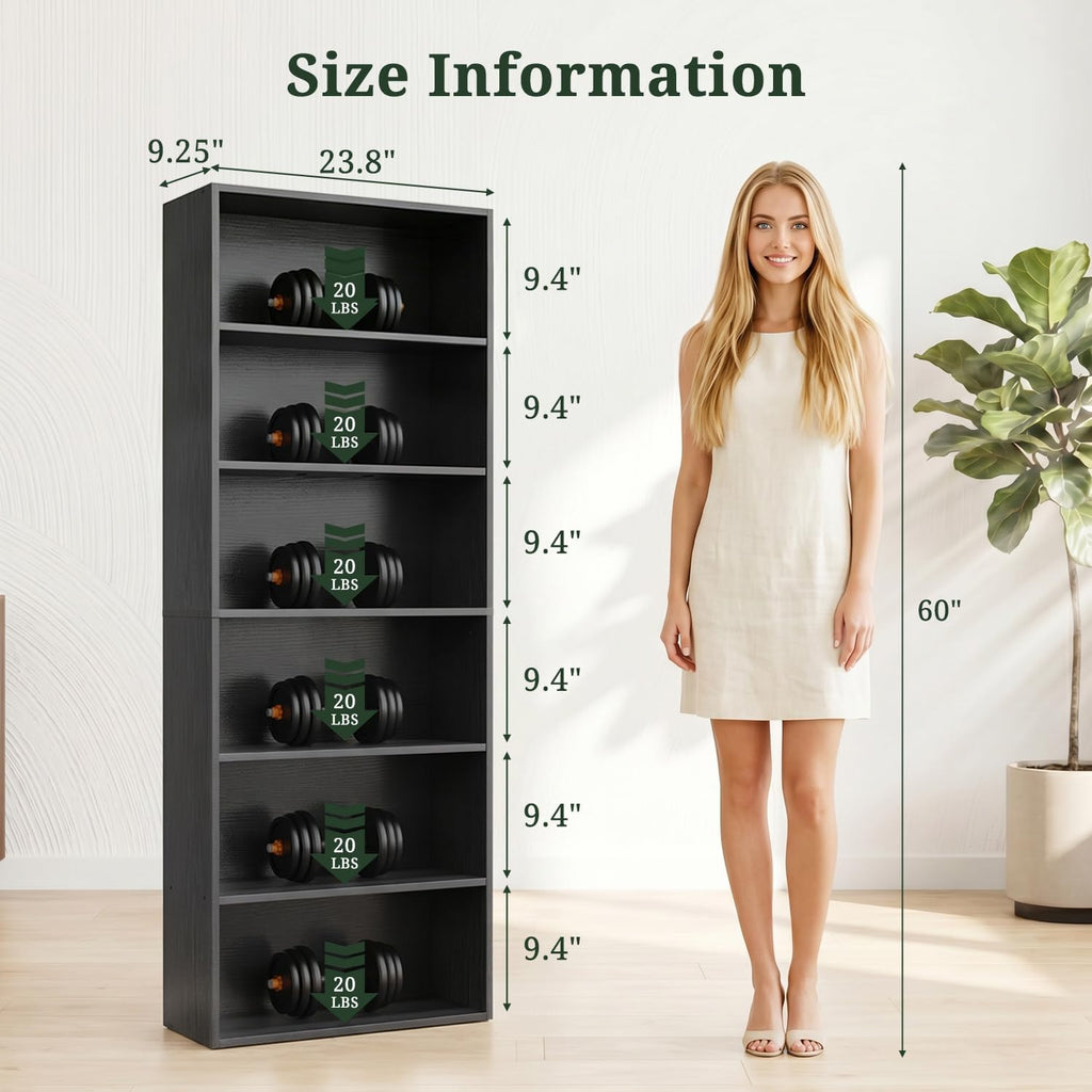 6 Tier Bookshelf, 63" Tall Open Display Bookcase with Reinforced Back & Anti-Tip Kit, Heavy Duty Wood Book Shelves for Home Office, Living Room & Bedroom, Black