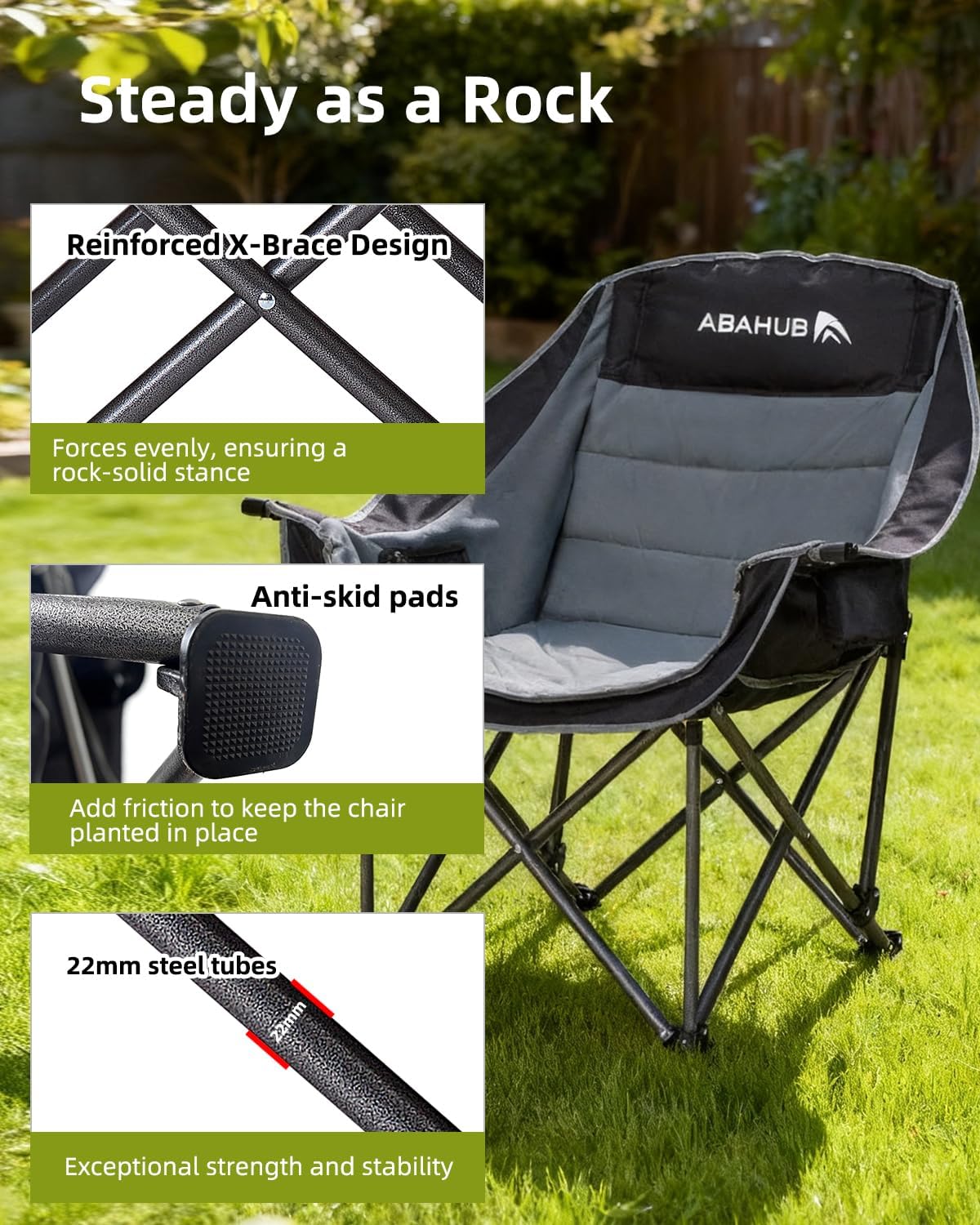 Abahub Camping Chairs Oversized Padded Heavy Duty Quad Foldable Portable Folding Chairs XL Lawn Chairs Wide Giant Big for Adults Support 500 lbs for Outdoors Black Grey